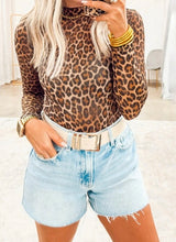 Load image into Gallery viewer, Leopard Mock Neck Long Sleeve Mesh Top

