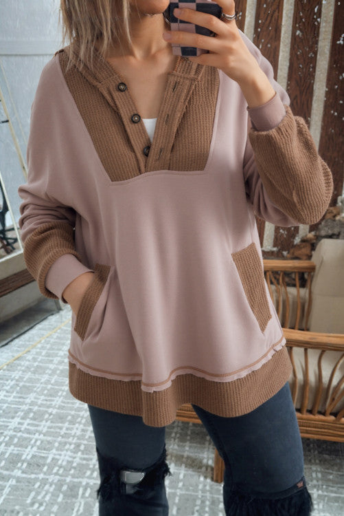 Oversize Waffle Patchwork Exposed Seam Casual Hoodie