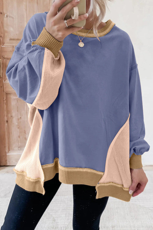 Color Block Mix Texture Waffle Patchwork Oversize Sweatshirt