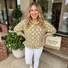 Load image into Gallery viewer, Polka Dot Print Three Quarter Sleeve Ruffle Hem Casual Shirt
