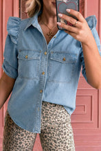 Load image into Gallery viewer, Puff Sleeve Button Down Flap Pocket Denim Shirt
