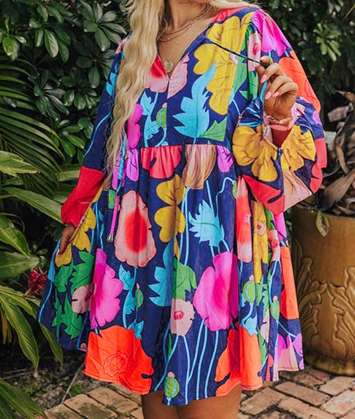 Plus Size Floral V Neck Balloon Sleeve Babydoll Dress