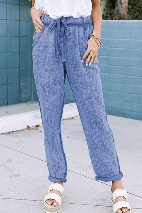 Textured Drawstring Waist Straight Leg Pants