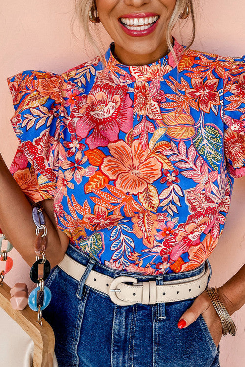 Floral Ruffled Puff Sleeve Mock Neck Blouse