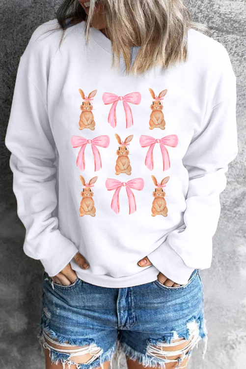 Easter Bunny Bow Print Round Neck Pullover Sweatshirt