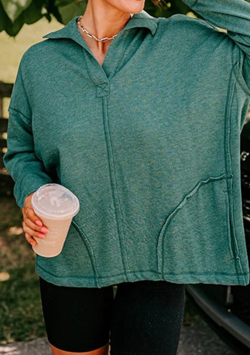 Evergreen Exposed Seam Collared Pocketed Loose Sweatshirt