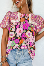 Load image into Gallery viewer, Bubble Sleeve Lace Trim Floral Mixed Print Blouse
