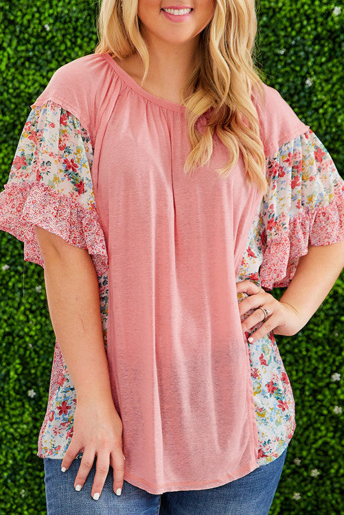 Plus Size Floral Patchwork Ruffled Short Sleeve Blouse