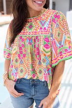 Load image into Gallery viewer, Geometric Print Bell Sleeve O Neck Babydoll Blouse
