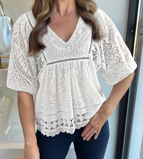 White Lace Crochet Hollowed Scallop Hem V Neck Blouse