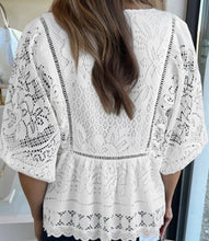 Load image into Gallery viewer, White Lace Crochet Hollowed Scallop Hem V Neck Blouse
