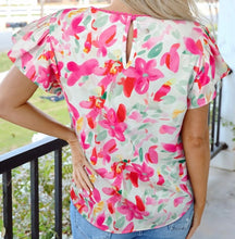 Load image into Gallery viewer, Floral Print Flutter Sleeve Round Neck Casual Blouse
