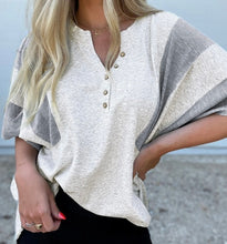 Load image into Gallery viewer, Two Tone Contrast Waffle Knit Patched Buttoned V Neck Top
