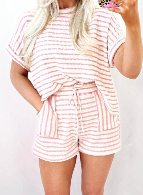 Stripe Knit Short Sleeve Top and Drawstring Shorts Set