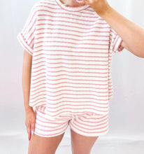 Load image into Gallery viewer, Stripe Knit Short Sleeve Top and Drawstring Shorts Set
