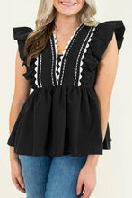 Load image into Gallery viewer, Contrast Ricrac Trim Ruffled V Neck Peplum Top
