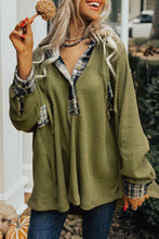 Load image into Gallery viewer, Flowy Plaid Accent Waffle Knit Henley Hoodie
