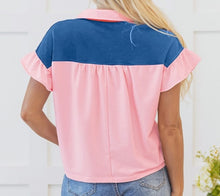 Load image into Gallery viewer, Pink Color Block Half Buttoned Ruffled Short Sleeve T Shirt
