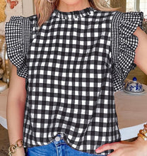 Load image into Gallery viewer, Checkered Ruffled Sleeve Frilled Neck Blouse
