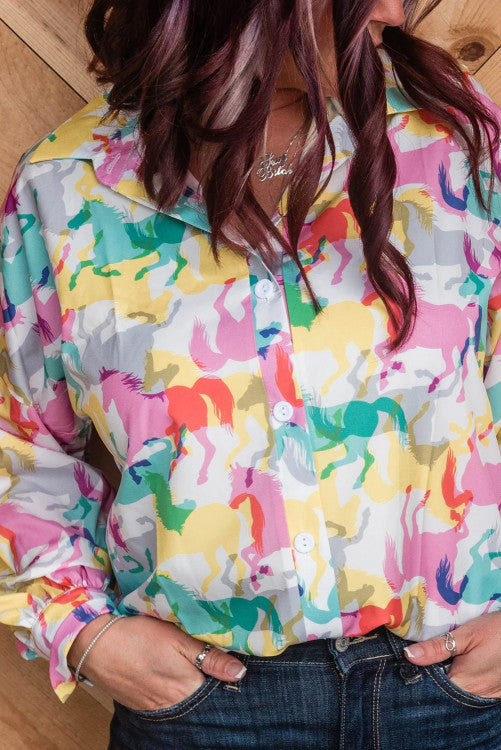 Instock Colorful Horse Printed Long Sleeve Button Up Casual Shirt