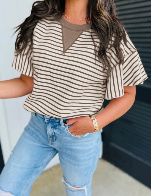 Contrast Detail Striped Ruffle Short Sleeve Top
