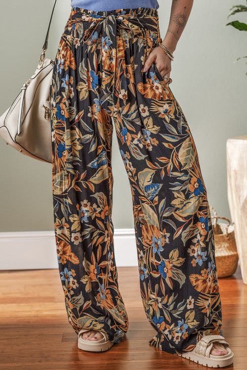 Floral Shirred High Waist Wide Leg Pants with Tie