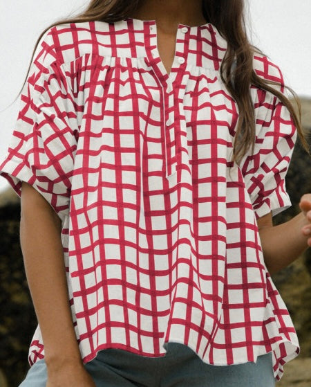Plaid Button Split Neck Half Sleeve Blouse