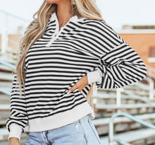 Load image into Gallery viewer, Stripe Color Block Buttoned Crew Neck Oversized Sweatshirt
