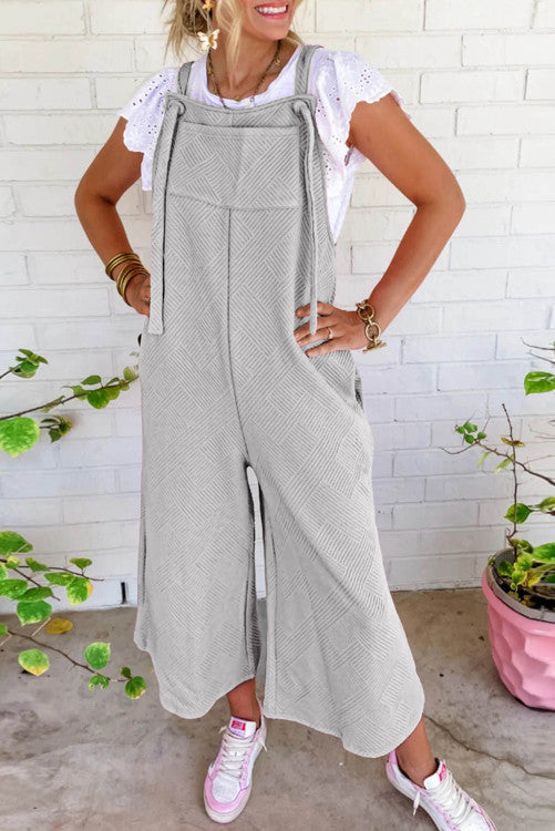 Grey Textured Self-Tie Strap Wide-Leg Overalls