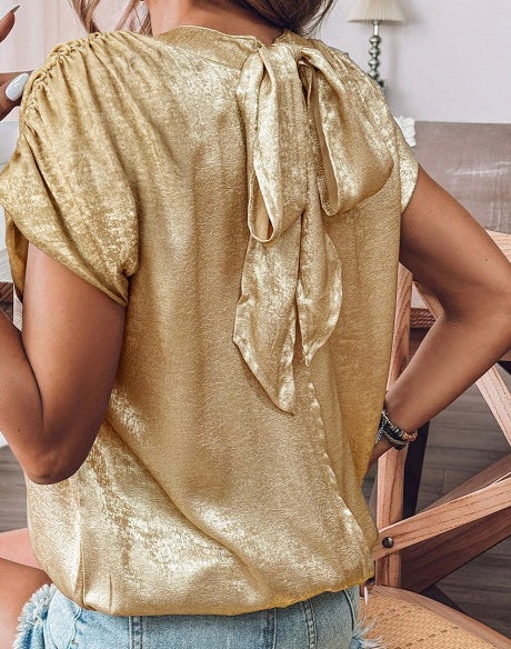 Metallic Ruched Sleeve Back Knot Blouse