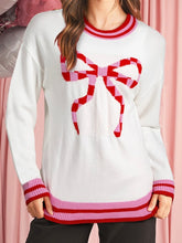 Load image into Gallery viewer, Striped Trim Bow Graphic Round Neck Drop Shoulder Sweater

