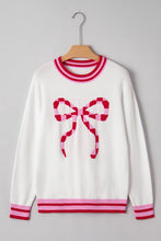 Load image into Gallery viewer, Striped Trim Bow Graphic Round Neck Drop Shoulder Sweater
