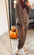 Load image into Gallery viewer, Varsity Striped Trim Leopard Long Sleeve Top Drawstring Pant Set
