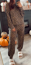 Load image into Gallery viewer, Varsity Striped Trim Leopard Long Sleeve Top Drawstring Pant Set

