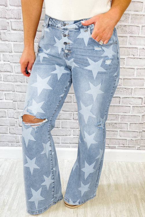 Star Print Button Up Plus Size Jeans