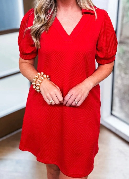 Red Textured Collared V Neck Puff Short Sleeve Shift Mini Dress