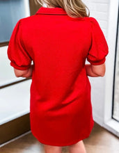 Load image into Gallery viewer, Red Textured Collared V Neck Puff Short Sleeve Shift Mini Dress
