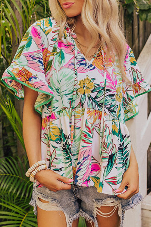 Tropical Floral Print Ruffled Short Sleeve Blouse