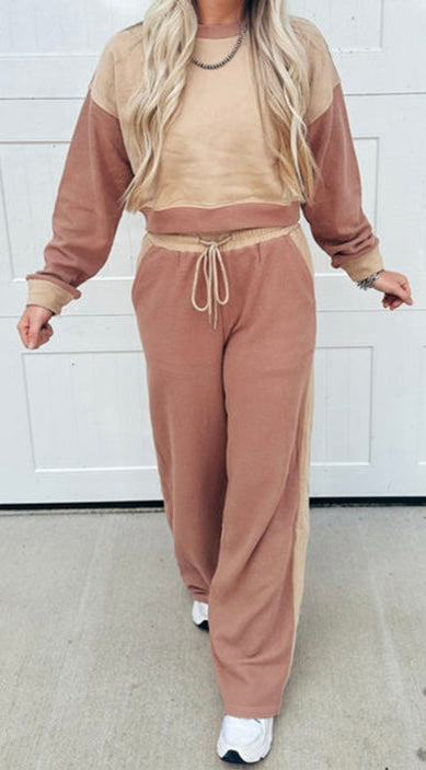 Color Block Long Sleeve Crop Top Drawstring Pant Set