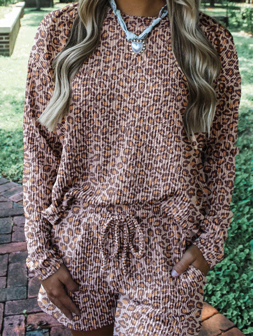 Leopard Ribbed Long Sleeve Top Drawstring Shorts 2pcs Outfit