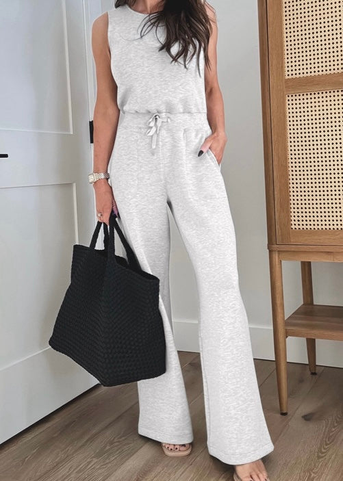 Crew Neck Drawstring High Waist Sleeveless Jumpsuit