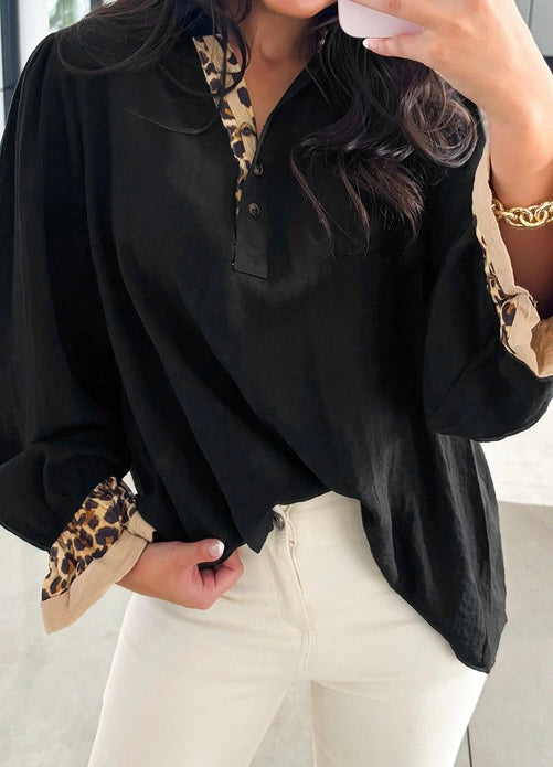 Contrast Leopard Print Patchwork Polo Collar Buttons Front Ruffled Long Sleeve Blouse