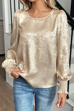 Load image into Gallery viewer, Metallic Round Neck Smocked Long Sleeve Blouse
