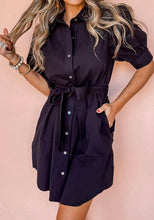 Load image into Gallery viewer, Button Up Tie Waist Puff Sleeve Mini Dress
