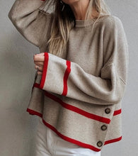 Load image into Gallery viewer, Ribbed Knit Contrasted Stripe Detail Button Side Loose Sweater
