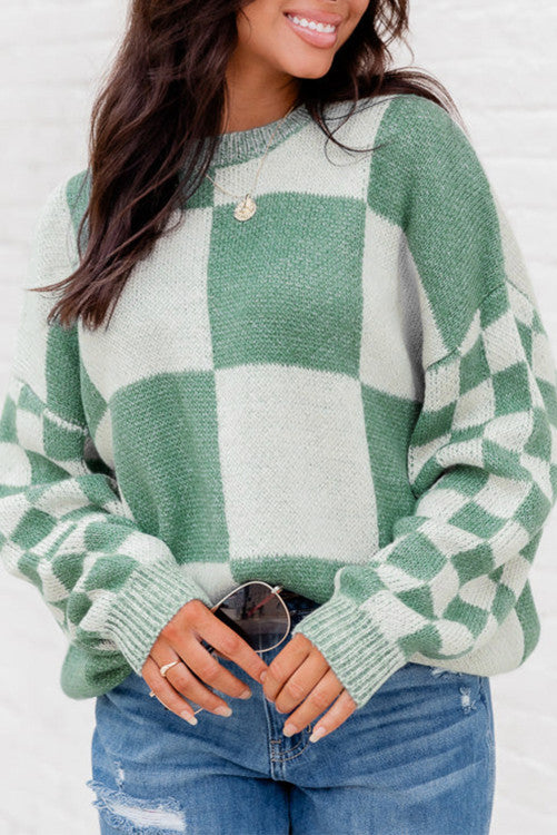 Checkered Print Drop Shoulder Sweater – Lovebug Boutique