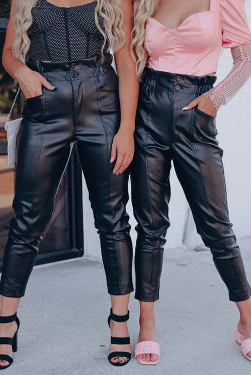 Smocked High Waist Faux Leather Skinny Pants