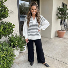 Load image into Gallery viewer, Stripe Color Block Long Puff Sleeve Metal Zip-Up Collar Top
