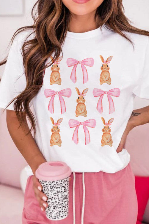 Bunnies and Bows Print Crew Neck T Shirt