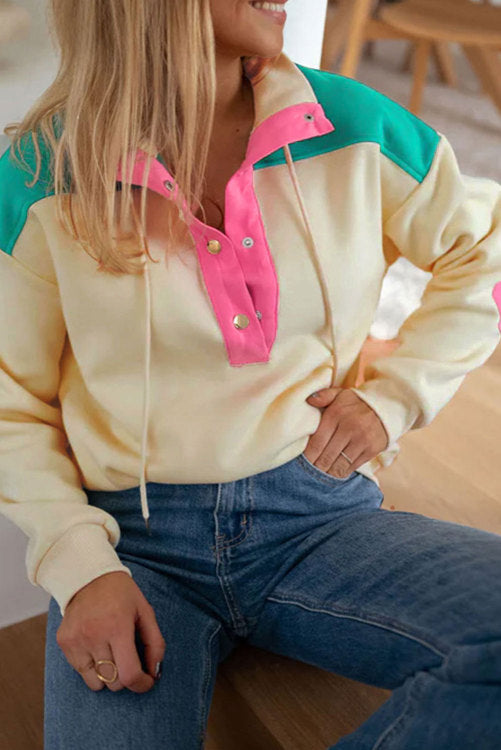 Color Block Elbow Patch Half Button Sweatshirt
